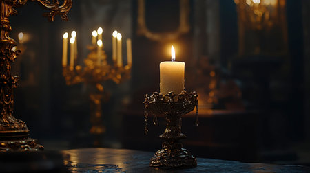 A solitary candle stands elegantly in a dark room, surrounded by ornate golden accents, creating a warm and serene ambiance perfect for a peaceful setting.の素材