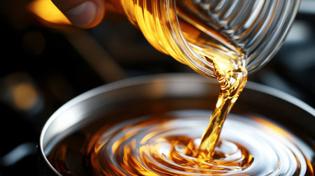 A close-up view of a hand pouring a warm amber liquid into a pot, creating ripples on the surface. The image captures the essence of culinary preparation.の素材