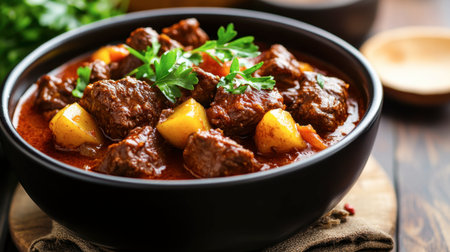 A delicious hearty beef stew prepared with tender meat and fresh vegetables, garnished with herbs, perfect for a comforting meal on a cold day.の素材