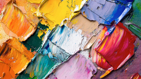 A vibrant array of paint textures and colors on an artist's palette. This image captures the essence of creativity and artistic expression, showcasing various hues and materials.の素材