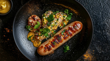 A vibrant presentation of gourmet sausages garnished with fresh herbs and spices, served on a textured black plate with a side of mustard. Perfect for food photography.の素材