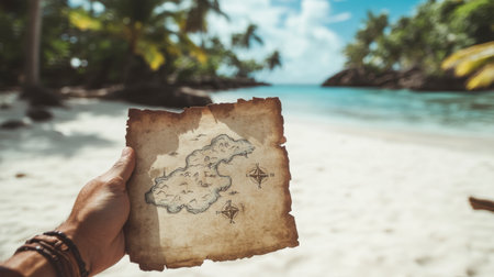 A hand holds a vintage map against a tropical beach backdrop, surrounded by palm trees and ocean waves, evoking a sense of adventure and exploration.の素材