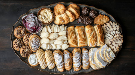 A beautiful assortment of sweet pastries arranged on a platter. Perfect for celebrations, gatherings, or a delightful treat during tea time.の素材