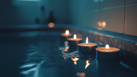 A serene scene featuring floating candles in a tranquil bath, creating a soothing ambiance for relaxation and self-care. Perfect for wellness themes.の素材