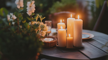 Experience a serene outdoor evening setting featuring glowing candles, floral arrangements, and a tranquil atmosphere perfect for relaxation and intimacy.の素材