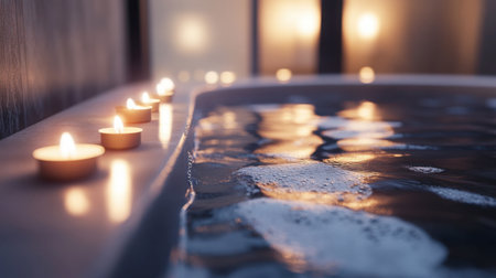 Experience the ultimate relaxation with a serene spa bath featuring glowing candles and gentle bubbles, perfect for unwinding after a long day.の素材