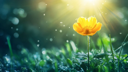 A stunning yellow flower illuminated by soft sunlight amidst a lush green background. This image captures the essence of nature's beauty and tranquility.の素材