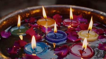 A serene composition of floating candles in various colors, surrounded by delicate flower petals. This peaceful scene evokes calmness and ambiance, perfect for relaxation or celebration.の素材