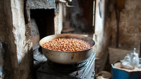 A pot of beans simmering on a traditional stove in a rustic kitchen. The steam rises, creating a warm and inviting culinary atmosphere.の素材
