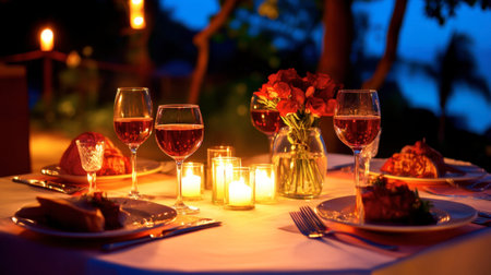 A beautifully arranged outdoor dinner table featuring candles, flowers, and elegant glassware, creating a romantic and inviting atmosphere for special occasions.の素材