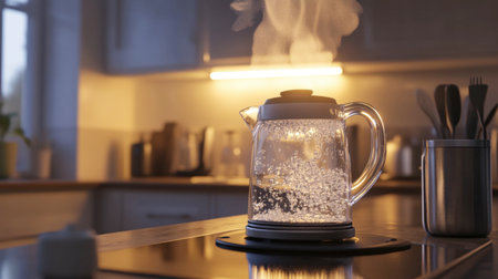 A glass electric kettle boils water, releasing steam in a cozy kitchen setting. Warm light highlights the modern appliances, creating a serene atmosphere.の素材