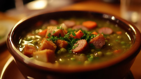 A warm and hearty soup featuring colorful vegetables and sausage, garnished with fresh parsley. Perfect for a comforting meal. Great for lunch or dinner.の素材