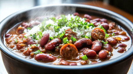 A comforting bowl of hearty bean stew topped with fresh herbs and sausage, perfect for a cozy meal. Steam rises from this delicious dish.の素材