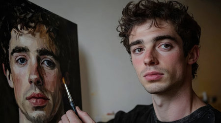A young male artist holding a paintbrush stands beside his self-portrait, capturing the essence of creativity and expression in a studio setting.の素材