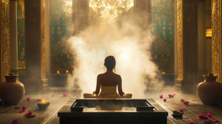Experience the essence of tranquility in a serene spa setting. The misty atmosphere enhances relaxation, inviting a sense of peace and rejuvenation.の素材