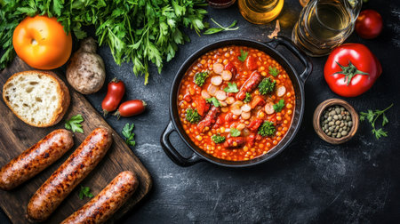 A delicious sausage stew features vibrant vegetables and fresh herbs, perfect for a comforting meal. Ideal for cozy gatherings and culinary inspiration.の素材