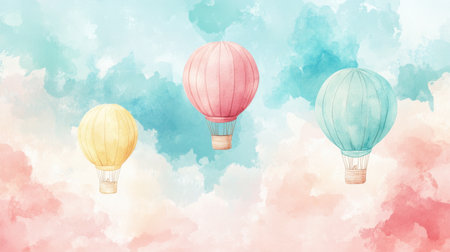 Experience a serene illustration of whimsical hot air balloons soaring through a pastel sky. Perfect for evoking feelings of adventure and freedom.の素材