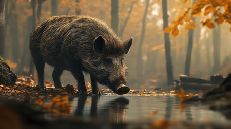A wild boar forages near calm water in an autumn forest, showcasing its earthy brown fur amidst colorful foliage. The tranquil setting emphasizes wildlife in a natural habitat.の素材