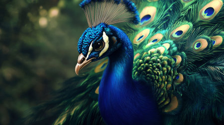 A stunning close-up of a peacock showcasing its vibrant plumage. The detail in the feathers highlights the iridescent colors and beauty of this exotic bird in a natural setting.の素材