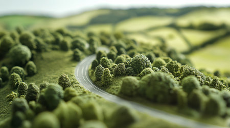 A serene winding road traverses through lush green hills, inviting travelers to explore the tranquility of nature. The vibrant landscape offers a picturesque escape.の素材