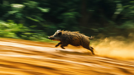 A wild boar swiftly runs through a colorful landscape, showcasing its agility and speed. The blurred background emphasizes its dynamic motion.の素材