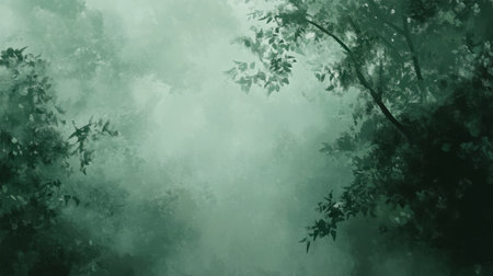 A serene background featuring a lush green forest enveloped in soft fog. This tranquil scene captures the essence of nature's beauty and peacefulness.の素材