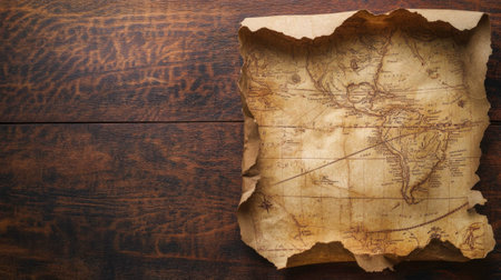 A vintage map on aged paper rests on a rustic wooden surface, capturing the essence of exploration and adventure through its faded details. Perfect for travel themes.の素材