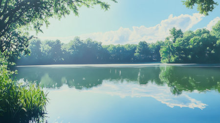 A serene lake scene with lush greenery, reflecting the blue sky and fluffy clouds. Ideal for capturing the essence of nature and tranquility.の素材