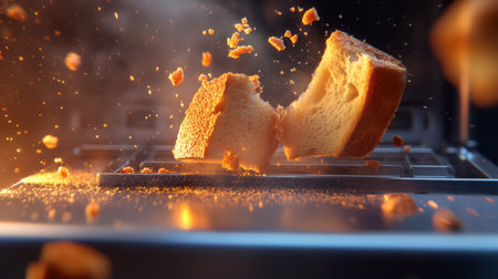 Captivating image of freshly toasted bread with crisp crumbs flying through the air, showcasing the delightful moment of cooking in a modern kitchen.の素材