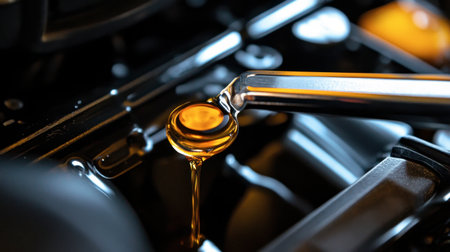 Close-up view of engine oil being poured into a vehicle, showcasing the glimmering liquid and mechanical tools. Ideal for automotive maintenance themes.の素材