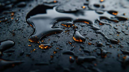 A stunning close-up of a smooth black surface adorned with shimmering water drops, reflecting light in an elegant display of nature's beauty and texture.の素材