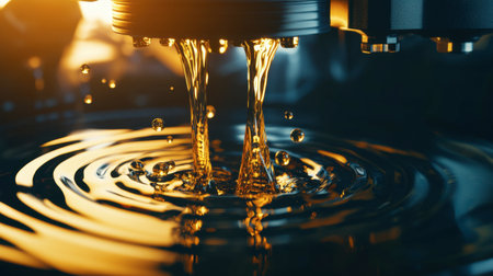 A mesmerizing closeup of golden liquid flowing from a machine into a rippling water surface, showcasing the blend of technology and nature in an industrial setting.の素材