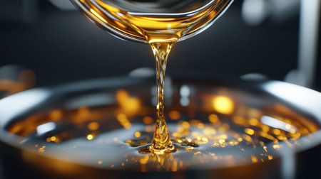 A close-up view of golden oil pouring into a metallic bowl, showcasing its smooth texture and vibrant color, perfect for culinary and kitchen themed projects.の素材