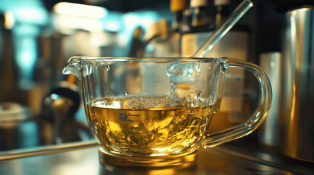 A close-up of a glass measuring cup filled with liquid, set in a bright kitchen environment. Ideal for culinary, cooking, and kitchen-themed projects.の素材