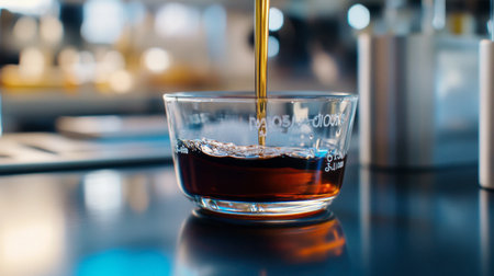 A close-up image of a rich coffee brew pouring into a glass bowl, showcasing the warm, inviting color and aromatic steam, perfect for coffee enthusiasts.の素材