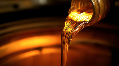 A close-up image of golden liquid pouring from a container into a metal vessel. The glossy texture and warm colors evoke a sense of richness and quality.の素材