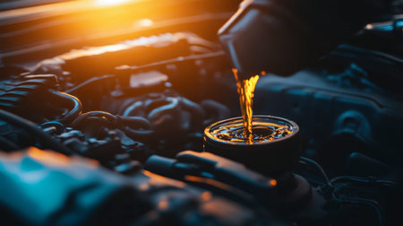 A warm sunset casts light on the process of changing engine oil in a car, showcasing the importance of vehicle maintenance and care for performance.の素材