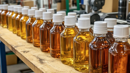 A series of bottles filled with liquid lined up on a factory production line, showcasing various shades of color in a manufacturing setting.の素材