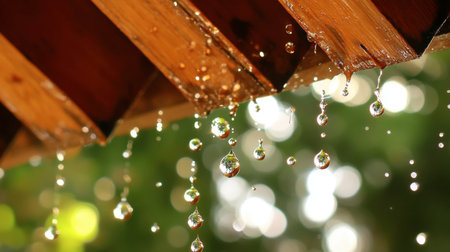 Close-up view of water droplets cascading from a wooden roof, creating a beautiful natural scene. Bokeh background enhances the peaceful atmosphere.の素材