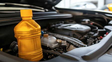 A bright yellow oil bottle sits prominently in a car engine compartment, highlighting vehicle maintenance and mechanical care in an automotive setting.の素材