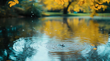 A serene scene featuring gentle ripples in a tranquil body of water, surrounded by vibrant autumn foliage, capturing the essence of nature's beauty and calm.の素材