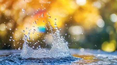 This stunning image showcases a vibrant splash of water with droplets capturing the light against a colorful, blurred background, evoking feelings of freshness and movement.の素材