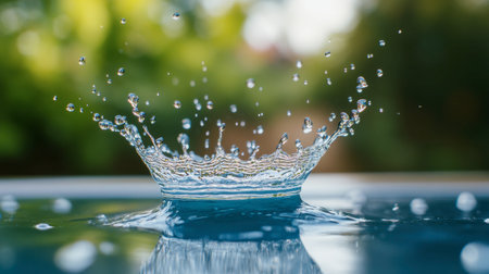 A stunning close-up of water droplets splashing in a serene outdoor setting, capturing the beauty and freshness of nature in motion.の素材