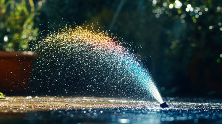 A vibrant spray of water forms a colorful rainbow in a garden, showcasing a beautiful interplay of light and droplets. Perfect for summer themes.の素材
