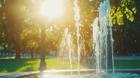 A serene fountain surrounded by lush greenery, illuminated by warm sunlight, creating a peaceful atmosphere perfect for relaxation and reflection.の素材