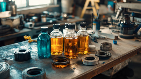 A vibrant assortment of glass bottles filled with liquid sits on a busy workshop table, surrounded by tools and equipment, showcasing a blend of industrial charm and creativity.の素材