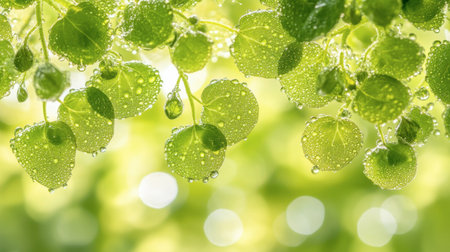 Beautiful closeup of vibrant green leaves adorned with water droplets, showcasing natureの素材