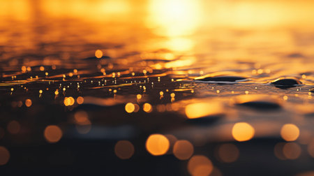 A captivating close-up of glimmering water at sunset, featuring a soft bokeh effect that enhances the serene beauty of nature's evening light.の素材