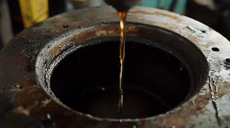 A close-up shot of oil being poured into industrial equipment. The texture of the metal and liquid illustrates the crucial maintenance in manufacturing.の素材