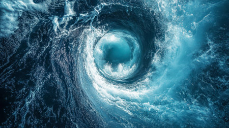 A captivating aerial view of swirling ocean waves captures the raw power and beauty of nature. The dynamic movement showcases the intricate patterns and energy of water.の素材